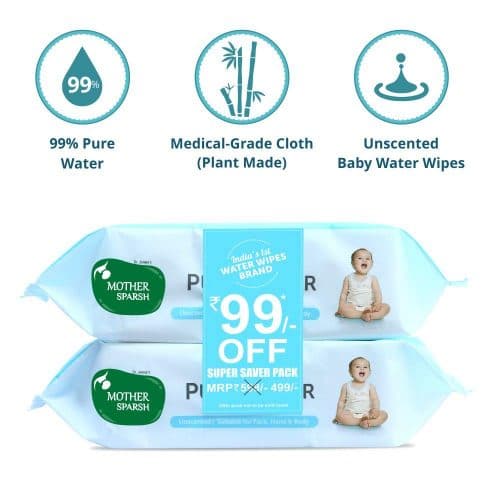 Mother Sparsh 99% Pure Water (Unscented) baby wipes