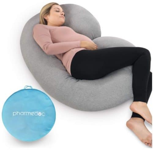 PharMeDoc Pregnancy Pillow with Travel & Storage Bag, C Shaped Full Body Pillow with Grey Jersey Cover