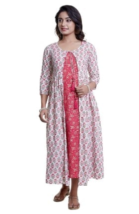 ANAYNA Women's Printed Cotton And Rayon A-Line Maternity Dress, Easy Breast Feeding, Breastfeeding Kurti, Ethnic Wear with Zippers