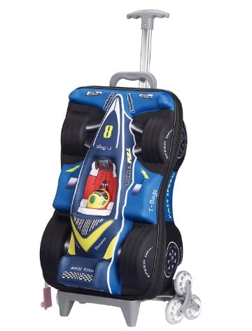 T-Bags Synthetic 3D Racing Car Blue Kid's Trolley Bag