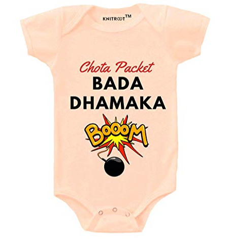 Diwali Special Unisex Baby Romper Peach Color Half Sleeve Chota Packet Bada Dhamaka