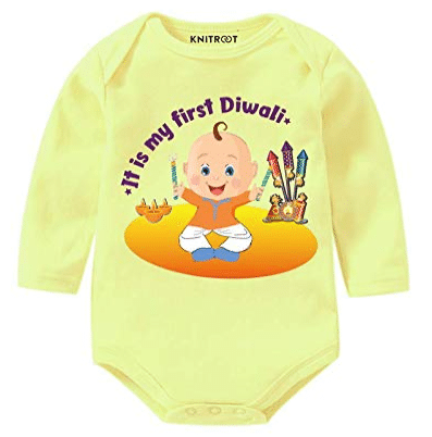 Knitroot Diwali Special Unisex Baby Romper Yellow Color Full Sleeves Its My First Diwali Boy
