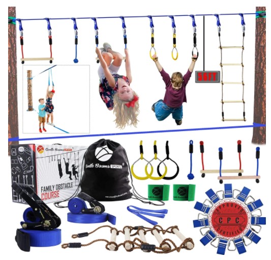 Gentle Booms Sports Ninja Line Obstacle Course Kit Monkey Bar Kit 40 Foot, Kids Slackline Hanging Obstacle Course Set, Extreme Training Equipment for Outdoor Play
